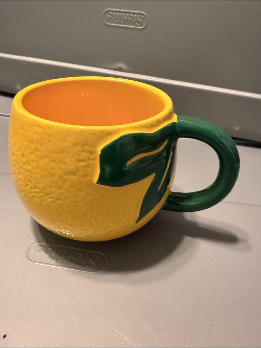 Yellow Ceramic Lemon Mug with Green Handle - Brand Unknown